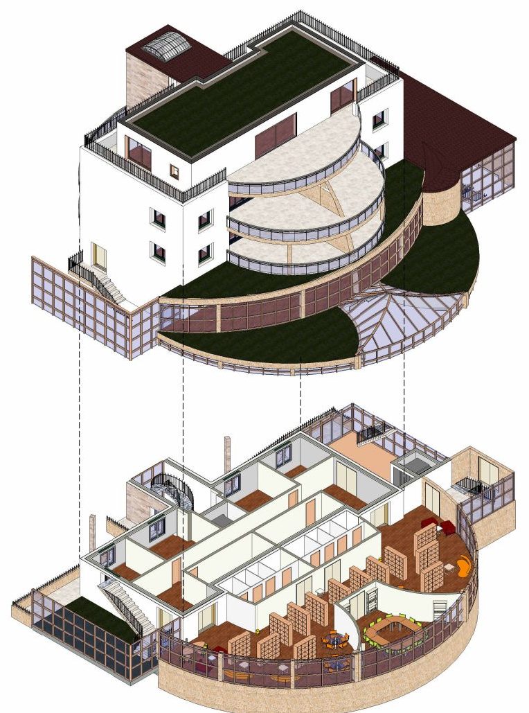Axonométrie éclatée du bâtiment montrant les logements et la médiathèque