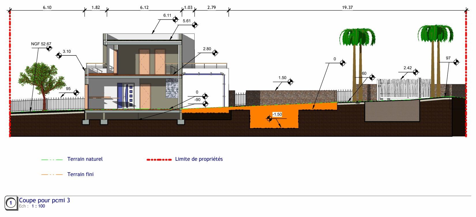 Coupe sur le terrain naturel et le terrain fini