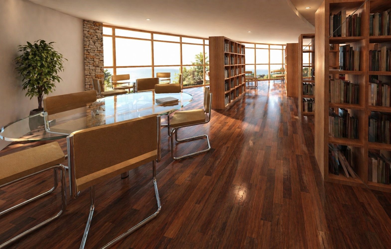 Intérieur de la médiathèque : rayonnages en bois, parquet, mur-rideau vitré