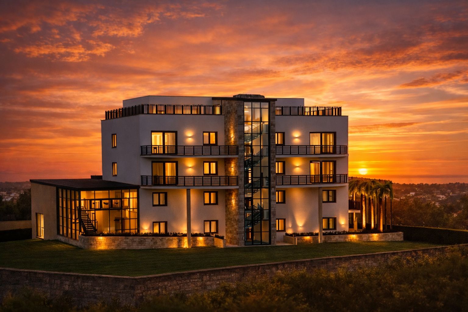 Rendu 3D d'une résidence contemporaine au coucher du soleil, façades éclairées
